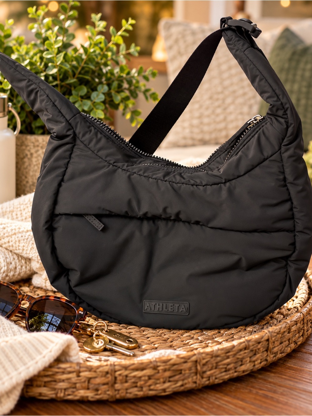 Athleta All About Small Crossbody Hobo Bag Black Quilted Puffer Travel Purse